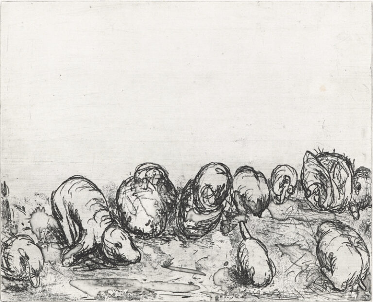 Georg Baselitz, Heulende Hunde, 1964, Ätzradierung und Vernis mou auf Zink, auf Kupferdruck-Bütten, 24,7 x 30,2 cm, Museum Morsbroich, Leverkusen