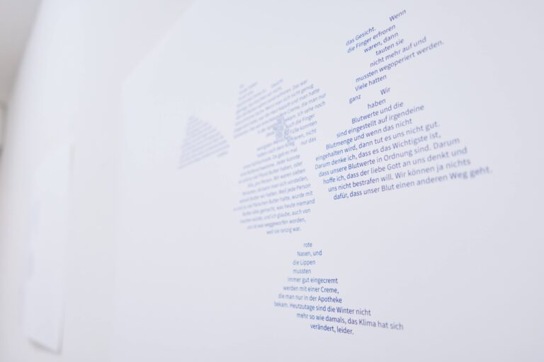 Helen Brecht, Heute machen wir die Augen zu und sehen noch genau so viel, 2023, Hörinstallation, Textedition & Textgrafik