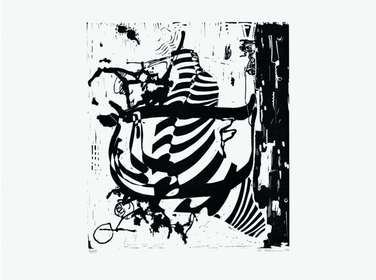 Markus Oehlen, ohne Titel, 2006, aus einer Suite von 76 Linolschnitten 1990–1999, Museum Morsbroich, Leverkusen; Dauerleihgabe Museumsverein Morsbroich e.V.; Courtesy Galerie Bärbel Grässlin, Frankfurt/Main; Galerie Hans Mayer, Düsseldorf