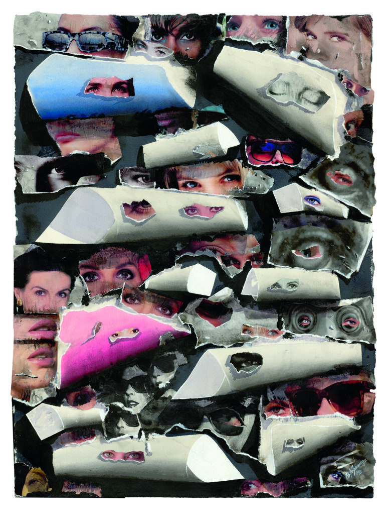 Burhan Doğançay Mysterious Eyes 1990 Collage, Gouache, Acryl, Fumage auf Papier 76,5 x 57,5 cm Albertina, Wien