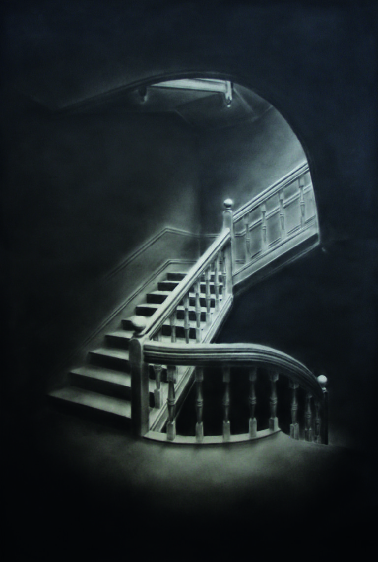 Simon Schubert, ohne Titel (Licht in Treppenhaus), 2016, Grafit auf Papier, 150 x 100 cm, Privatsammlung Urban